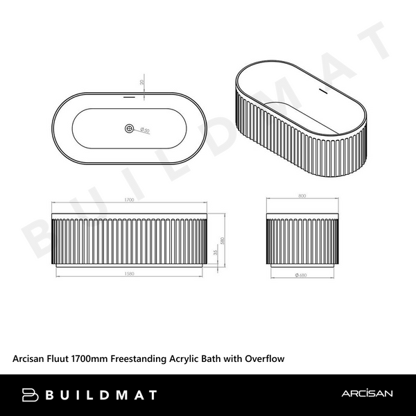 Arcisan Fluut 1700mm Freestanding Acrylic Bath with Overflow Matte White