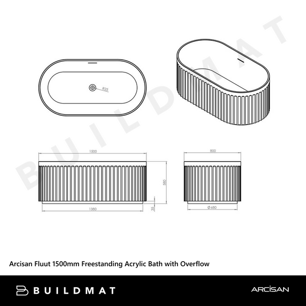 Arcisan Fluut 1500mm Freestanding Acrylic Bath with Overflow Matte White