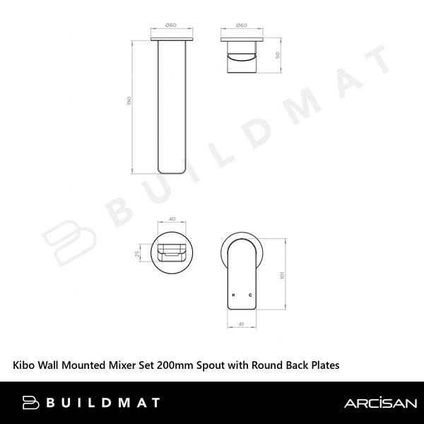 Arcisan Kibo Wall Mounted Mixer Set 200mm Spout with Round Back Plates (Trim Kit Only) Matte Black