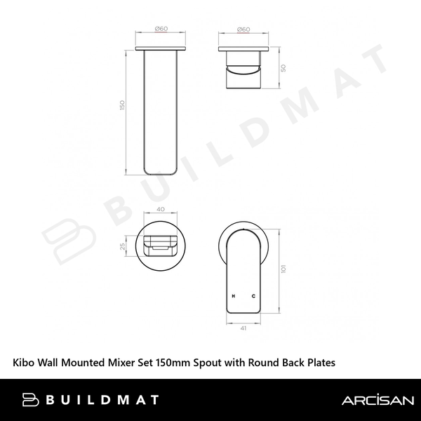 Arcisan Kibo Wall Mounted Mixer Set 150mm Spout with Round Back Plates (Complete Kit) Brushed Gunmetal