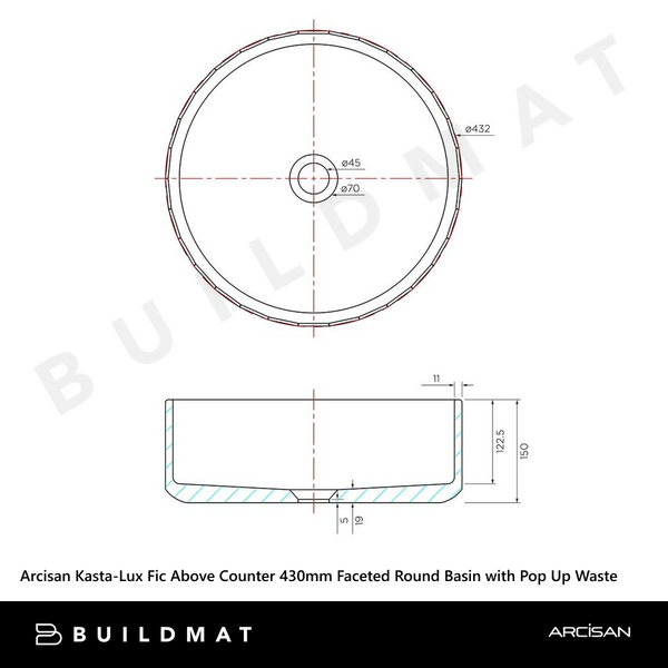 Arcisan Kasta-Lux Fic Above Counter 430mm Faceted Round Basin with Pop Up Waste Earth