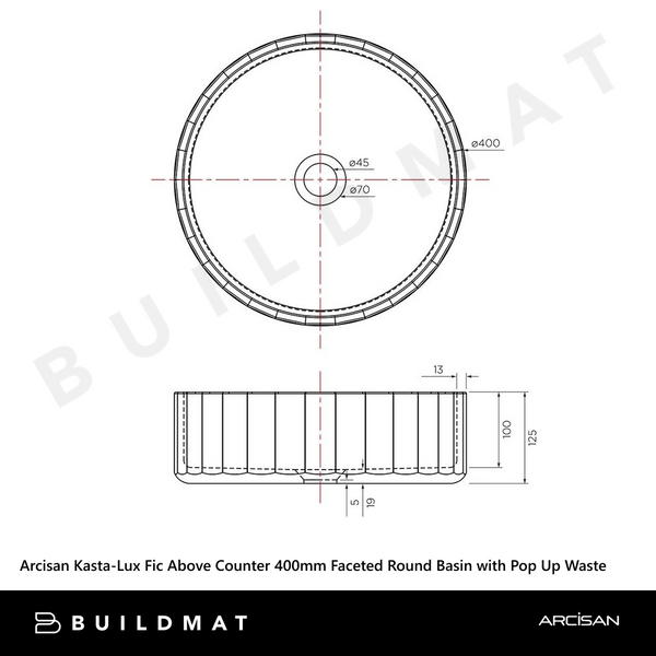Arcisan Kasta-Lux Fic Above Counter 400mm Faceted Round Basin with Pop Up Waste Earth