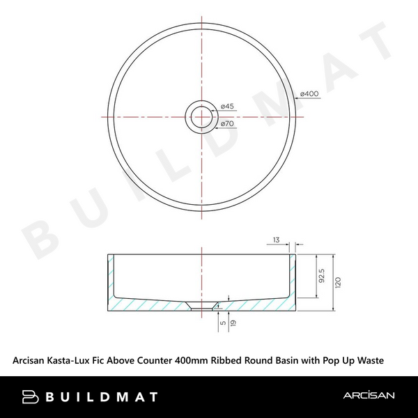 Arcisan Kasta-Lux Fic Above Counter 400mm Ribbed Round Basin with Pop Up Waste White Stone