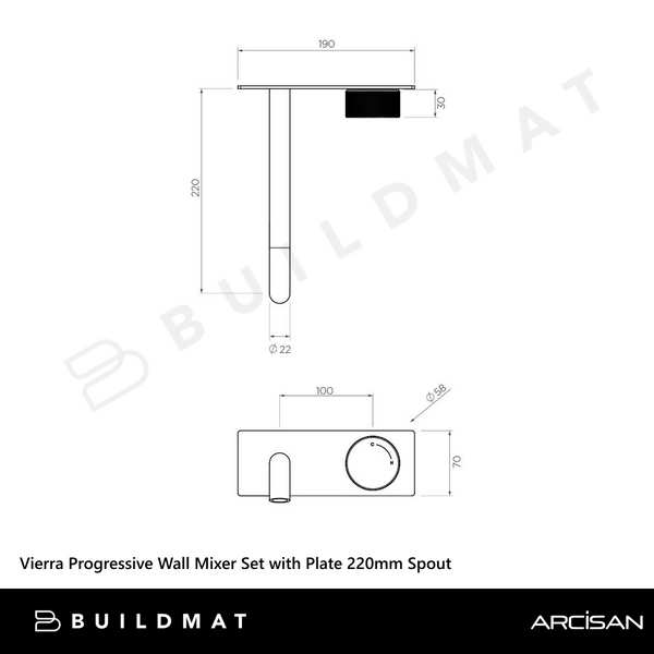 Arcisan Vierra Wall Progressive Mixer Set with Plate 220mm Spout (Trim Kit Only) Brushed Rose Gold