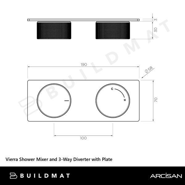 Arcisan Vierra Shower Mixer and 3-Way Diverter with Plate (Trim Kit Only) Brushed Iron