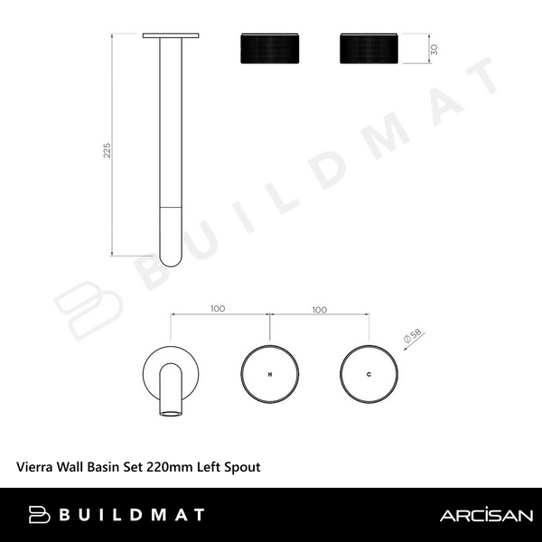 Arcisan Vierra Wall Basin Set 220mm Left Spout (Complete Kit) Brushed Rose Gold