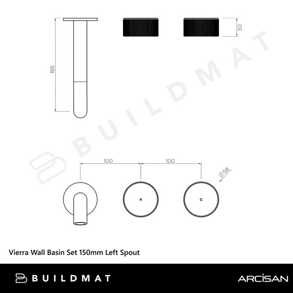 Arcisan Vierra Wall Basin Set 150mm Left Spout (Complete Kit) Matte Black