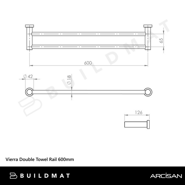 Arcisan Vierra Double Towel Rail 600mm Brushed Nickel