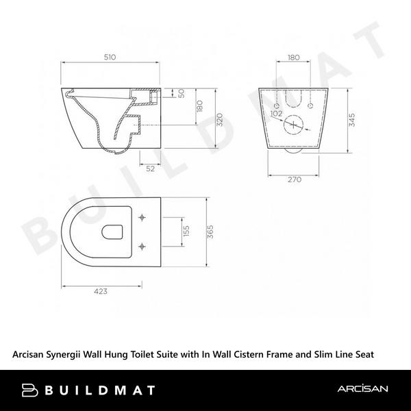 Arcisan Synergii Wall Hung Toilet Suite with In Wall Cistern Frame and Slim Line Seat White