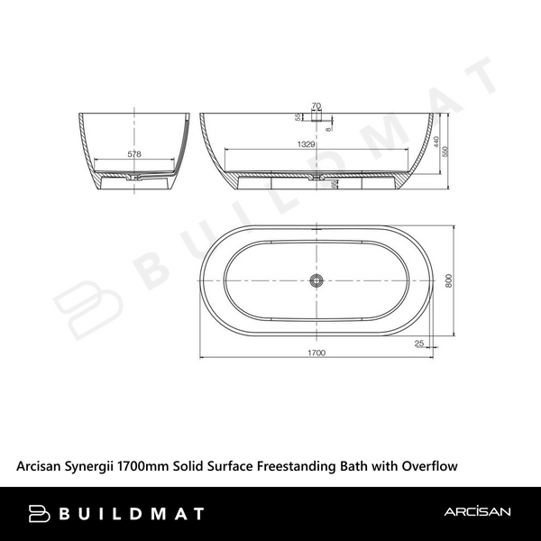 Arcisan Synergii 1700mm Solid Surface Freestanding Bath with Overflow Matte Black White Interior