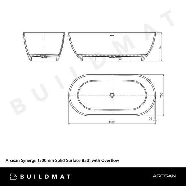 Arcisan Synergii 1500mm Solid Surface Bath with Overflow Matte Black White Interior