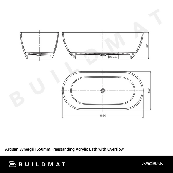 Arcisan Synergii 1650mm Freestanding Acrylic Bath with Overflow Gloss White