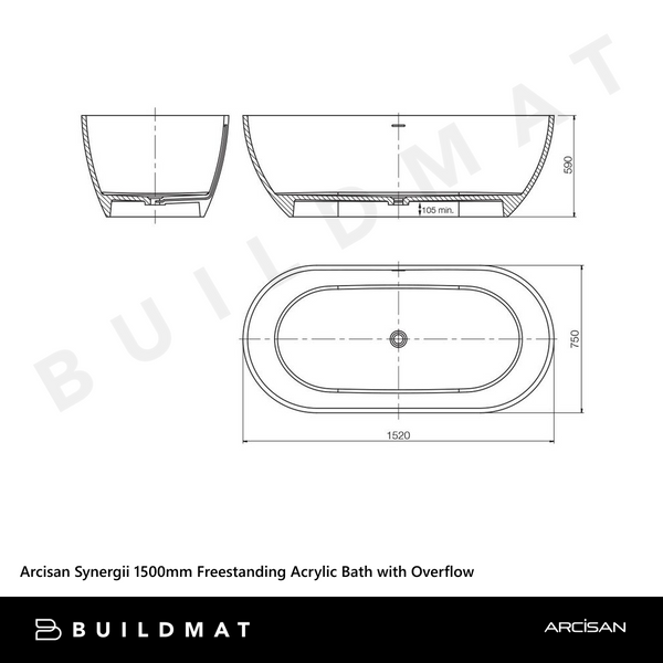 Arcisan Synergii 1500mm Freestanding Acrylic Bath with Overflow Matte White