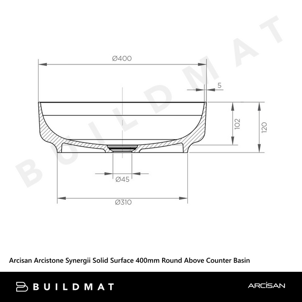 Arcisan Arcistone Synergii Solid Surface 400mm Round Above Counter Basin Matte White