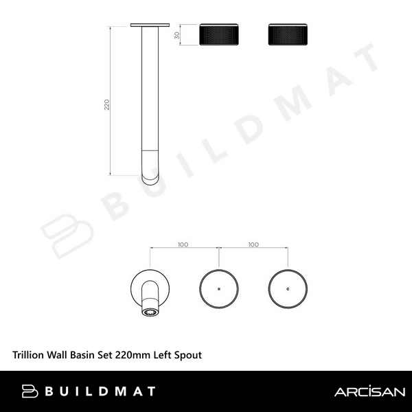 Arcisan Trillion Wall Basin Set 220mm Left Spout (Complete Kit) Brushed Rose Gold