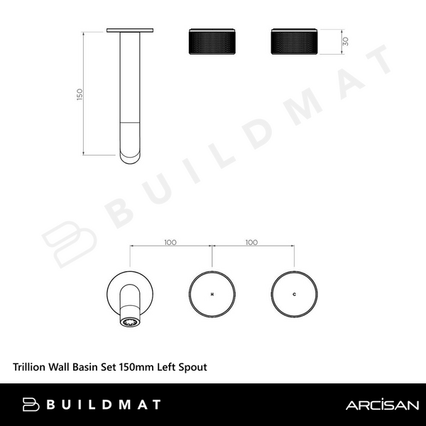 Arcisan Trillion Wall Basin Set 150mm Left Spout (Trim Kit Only) Brushed Nickel