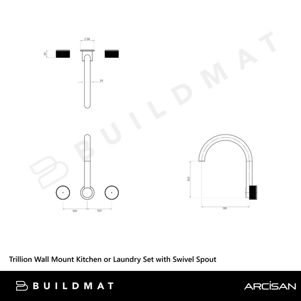 Arcisan Trillion Wall Mount Kitchen or Laundry Set with Swivel Spout Brushed Gunmetal