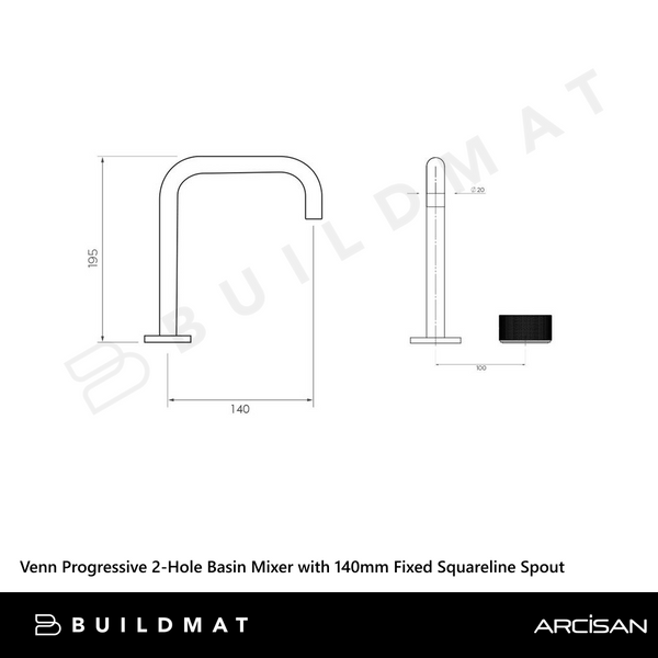 Arcisan Venn 2-Hole Basin Progressive Mixer with 140mm Fixed Squareline Spout Brushed Rose Gold