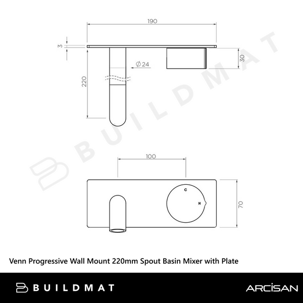 Arcisan Venn 220mm Spout Wall Mount Progressive Basin Mixer with Plate (Trim Kit Only) Brushed Rose Gold