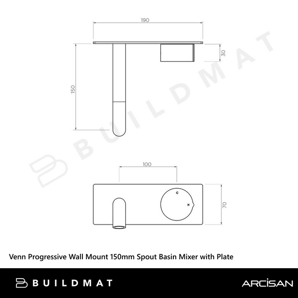 Arcisan Venn 150mm Spout Wall Mount Progressive Basin Mixer with Plate (Trim Kit Only) Brushed Iron