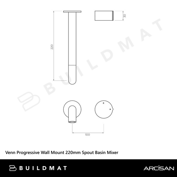 Arcisan Venn 220mm Spout Wall Mount Progressive Basin Mixer (Complete Kit) Brushed Iron