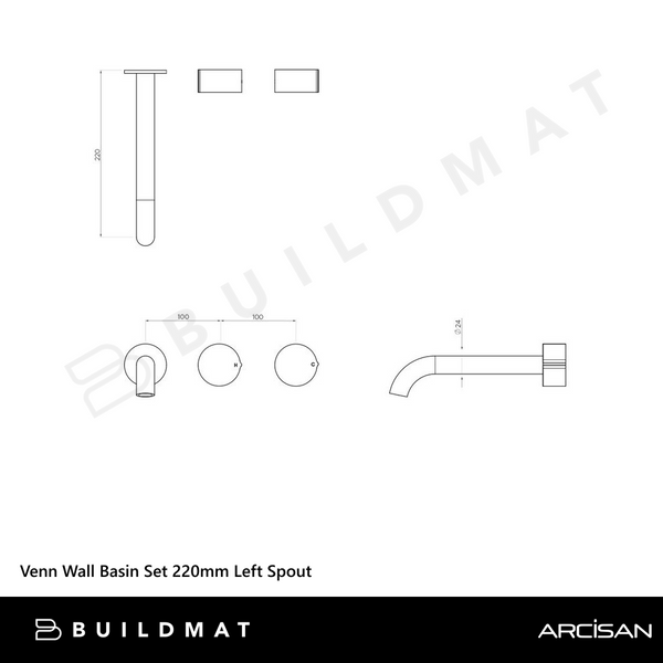 Arcisan Venn Wall Basin Set 220mm Left Spout (Trim Kit Only) Brushed Brass