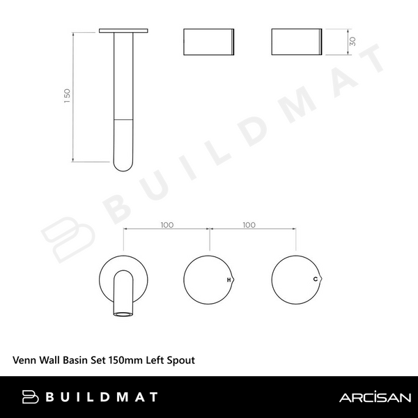 Arcisan Venn Wall Basin Set 150mm Left Spout (Complete Kit) Brushed Iron