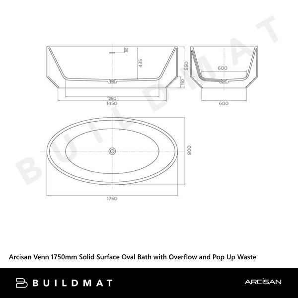 Arcisan Venn 1750mm Solid Surface Oval Bath with Overflow and Pop Up Waste Matte White