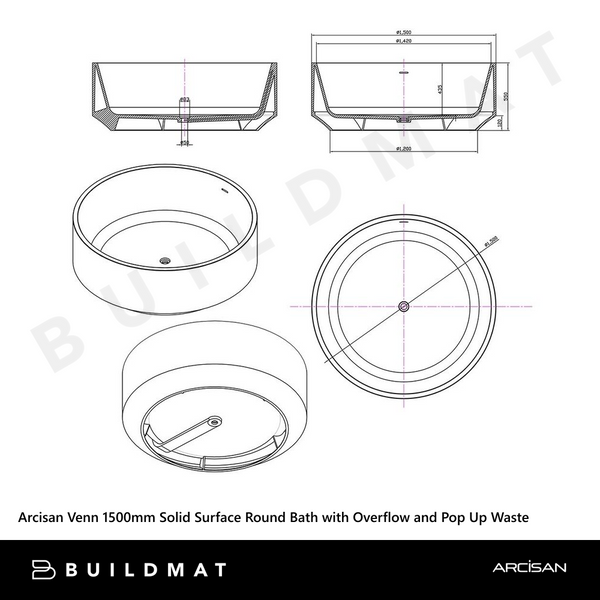 Arcisan Venn 1500mm Solid Surface Round Bath with Overflow and Pop Up Waste White