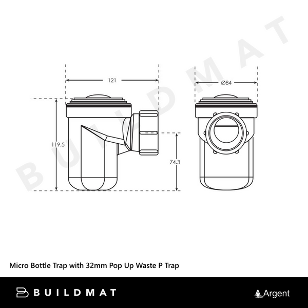 Argent Micro Bottle Trap with 32mm Pop Up Waste P Trap Chrome