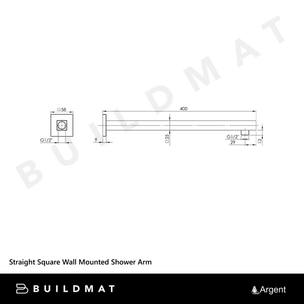 Argent Straight Square Wall Mounted Shower Arm Chrome