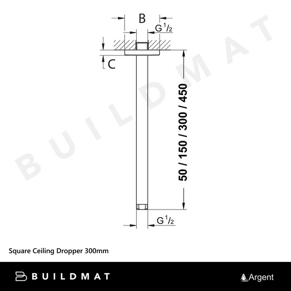 Argent Square Ceiling Dropper 300mm Chrome