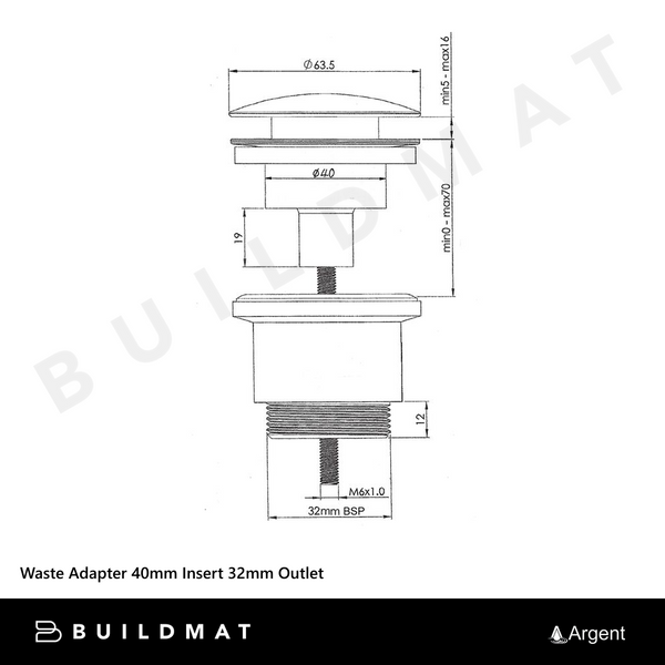 Argent Waste Adapter 40mm Insert 32mm Outlet Chrome