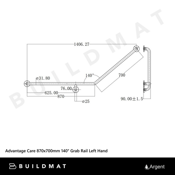 Argent Advantage Care 870x700mm 140 degree Grab Rail Left Hand Stainless Steel