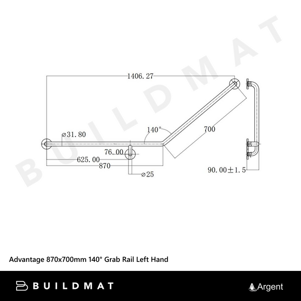 Argent Advantage 870x700mm 140 degree Grab Rail Left Hand Matte Black