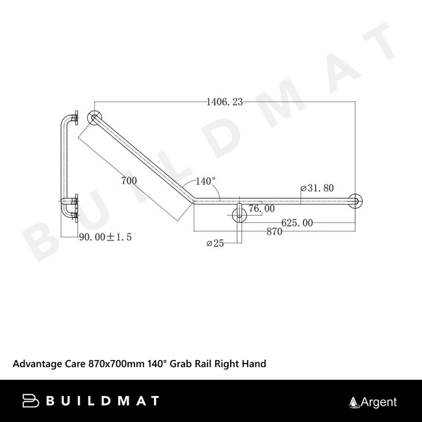 Argent Advantage Care 870x700mm 140 degree Grab Rail Right Hand Stainless Steel