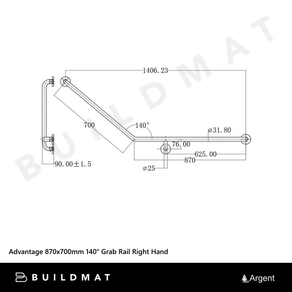 Argent Advantage 870x700mm 140 degree Grab Rail Right Hand Matte Black