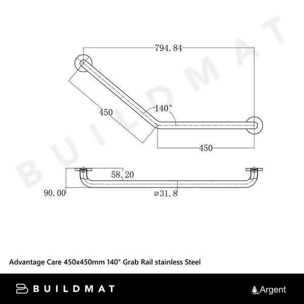 Argent Advantage Care 450x450mm 140 degree Grab Rail stainless Steel