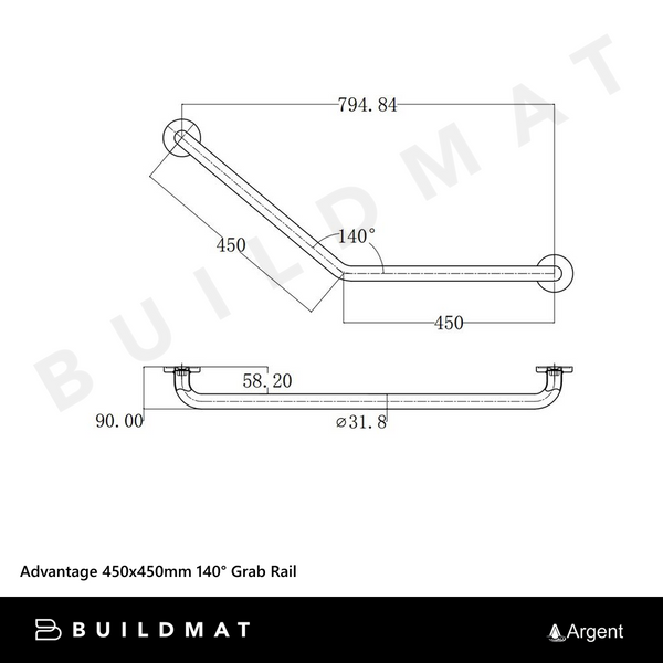 Argent Advantage 450x450mm 140 degree Grab Rail Matte Black