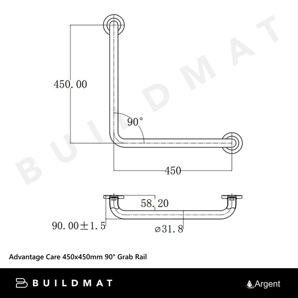 Argent Advantage Care 450x450mm 90 degree Grab Rail Stainless Steel