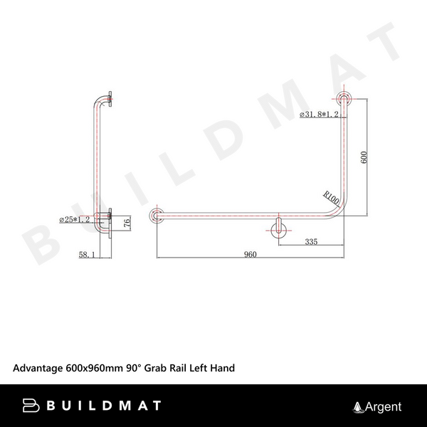 Argent Advantage 600x960mm 90 degree Grab Rail Left Hand Stainless Steel