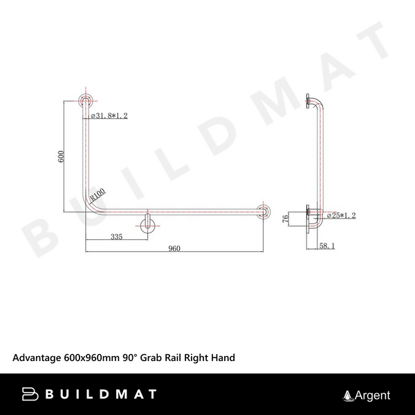 Argent Advantage 600x960mm 90 degree Grab Rail Right Hand Stainless Steel
