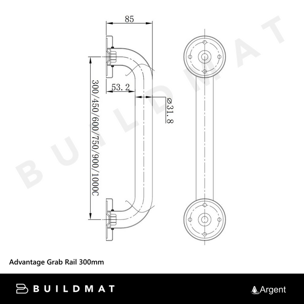 Argent Advantage Grab Rail 300mm Matte Black