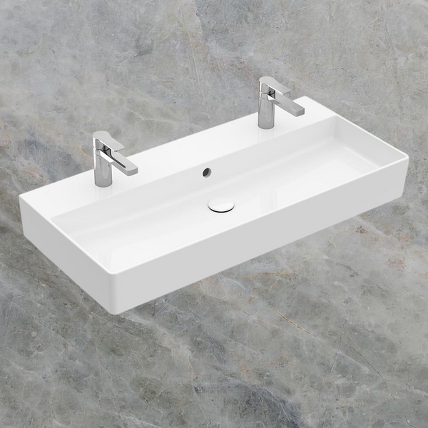 Villeroy & Boch Memento 2.0 1000mm Rectangular Wall Hung Basin with Overflow 2 Tap Holes Alpine White