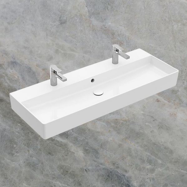 Villeroy & Boch Memento 2.0 1200mm Rectangular Wall Hung Basin with Overflow 2 Tap Holes Alpine White