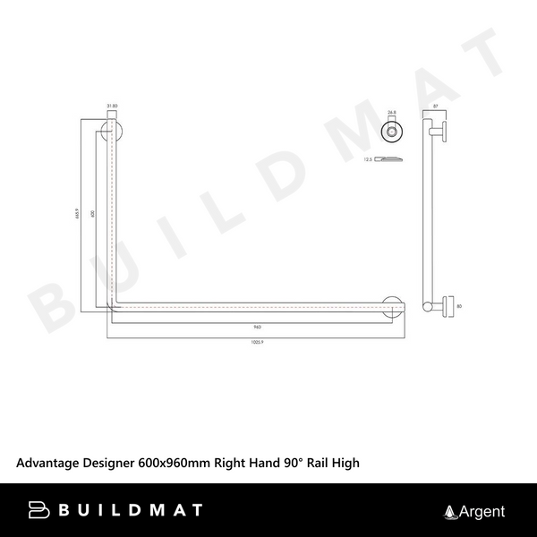 Argent Advantage Designer 600x960mm Right Hand 90 Degree Rail High Stainless Steel