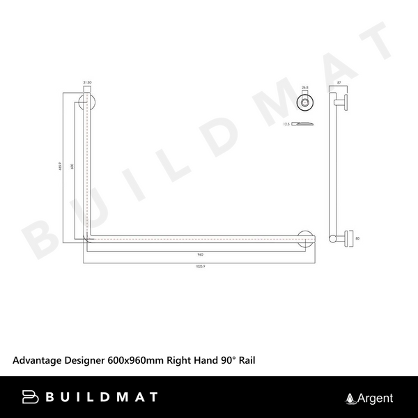Argent Advantage Designer 600x960mm Right Hand 90 Degree Rail Gunmetal