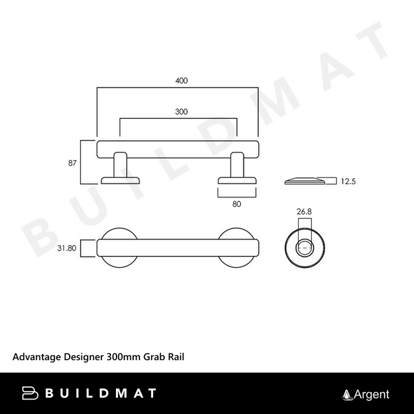 Argent Advantage Designer 300mm Grab Rail Brushed Nickel