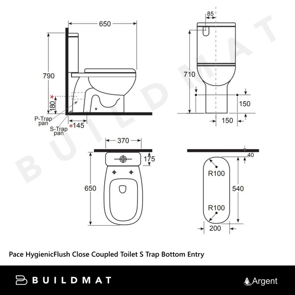 Argent Pace HygienicFlush Close Coupled Toilet Suite S Trap Bottom Entry White