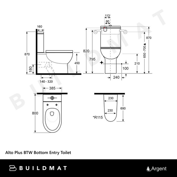 Argent Alto Plus BTW Bottom Entry Toilet Suite White